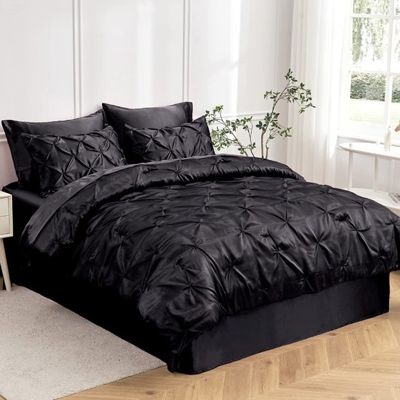 New Satin Comforter King 8 Pieces - Luxurious Pinch Pleat Bedding Set with Comfo - Picture 1 of 9